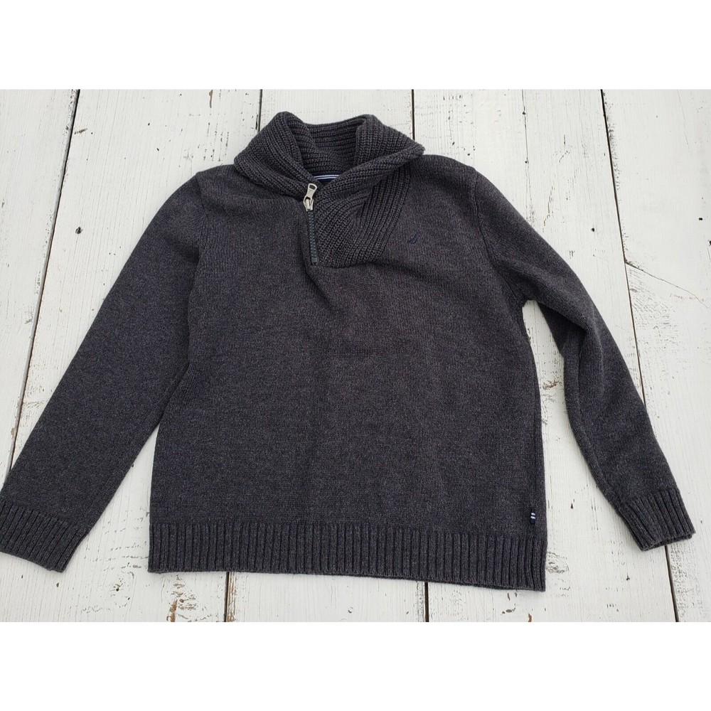 Nautica Boys Size 7 Long Sleeve Cotton Pullover W Zipper, Collar Gray Sweater